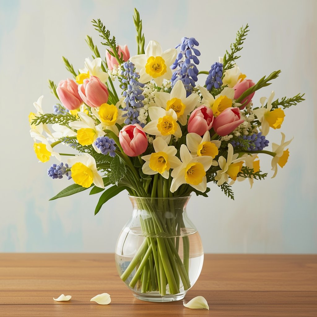 Spring Symphony bouquet featuring tulips, daffodils, and hyacinths